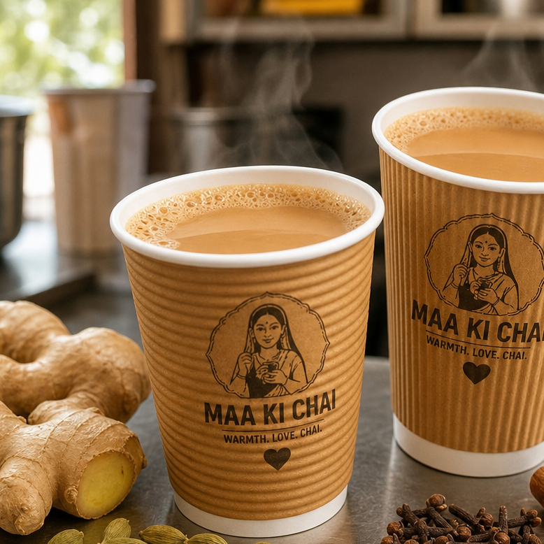 Branded Maa Ki Chai cups with ginger, cardamom and cinnamon