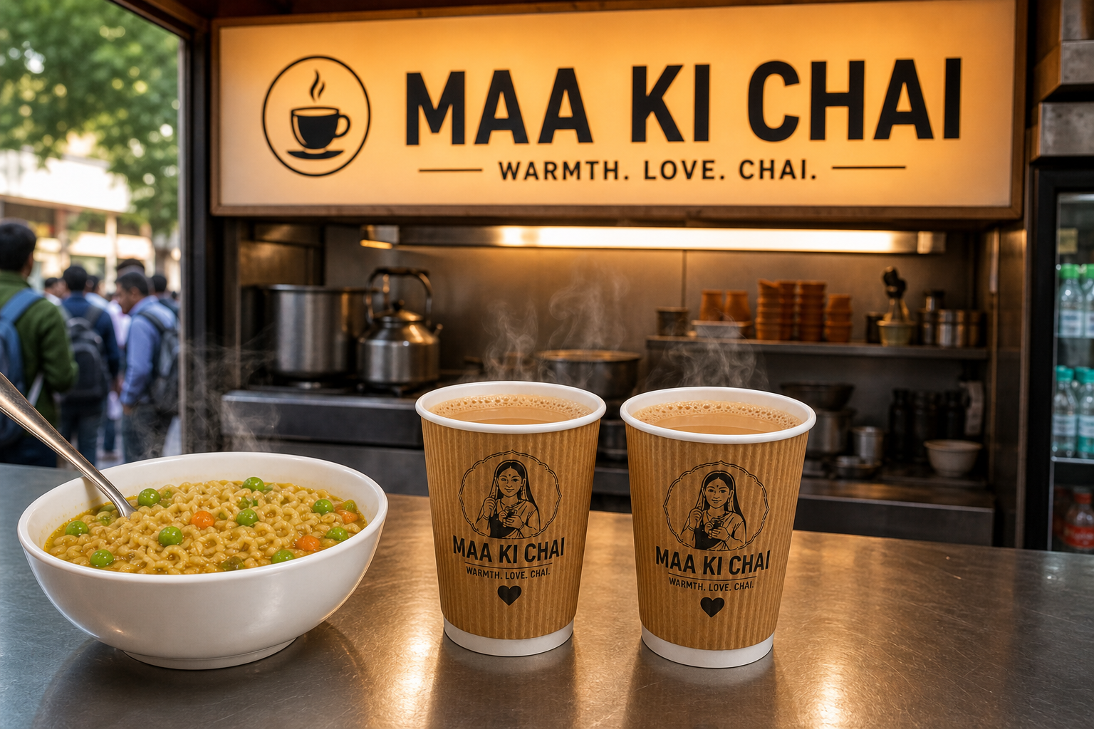 Maa Ki Chai kiosk counter with branded cups, Maggi and idli
