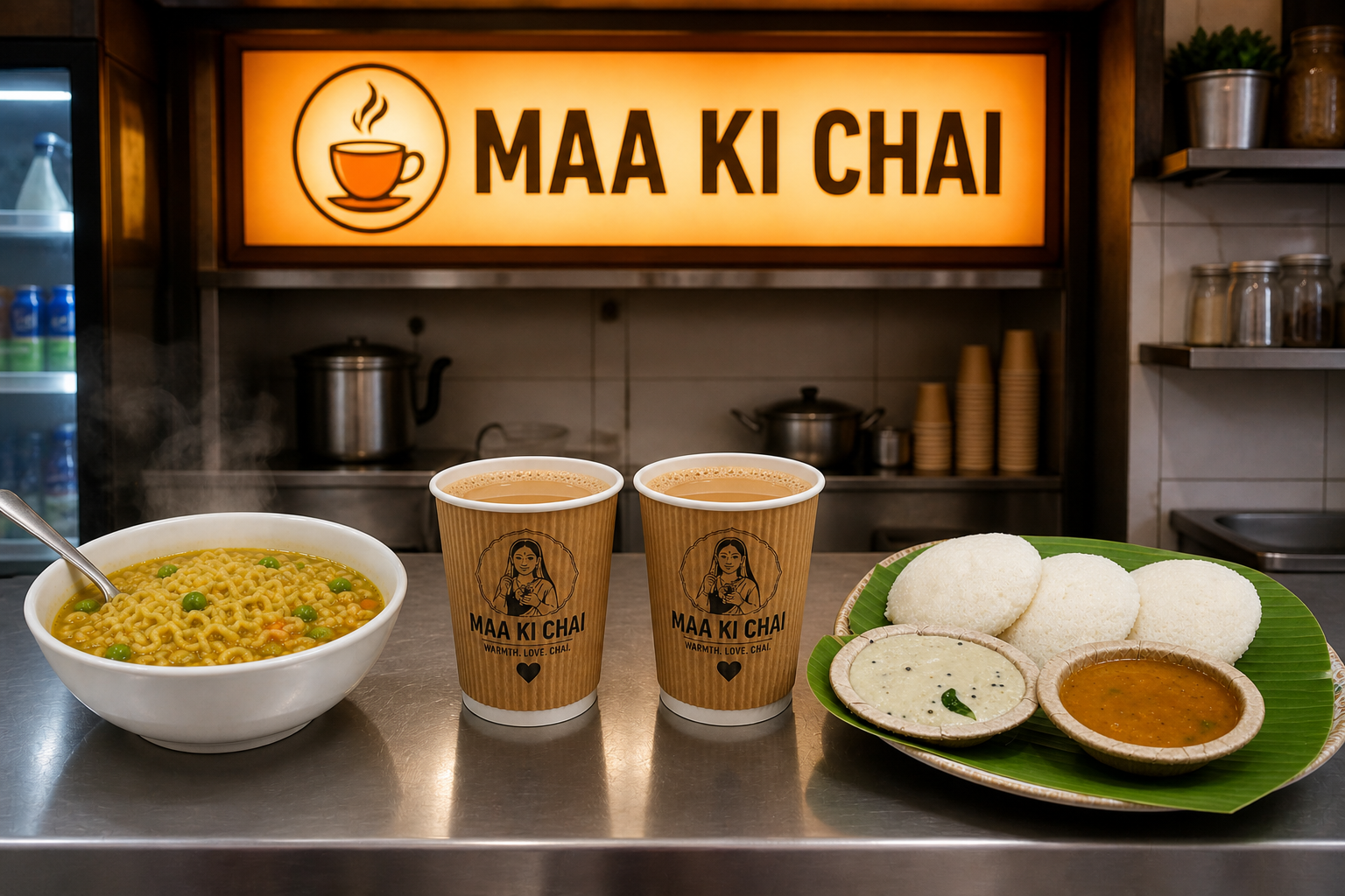Maa Ki Chai counter with branded cups, Maggi, idli and coffee